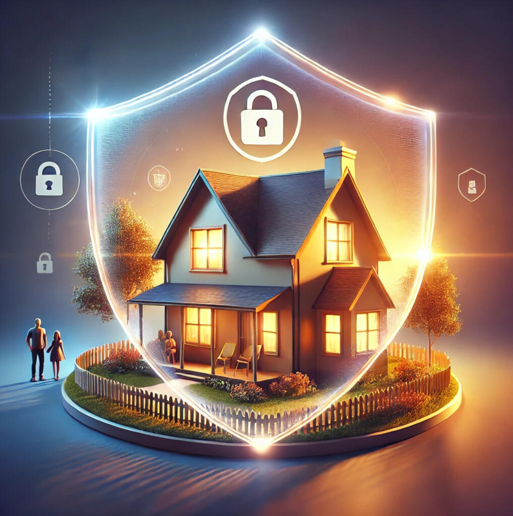 Illustration of a house and garden with a fence. The hose has lights on and showing a warm and safe enviroment. There is a large transparent shield in front of the house showing it is protected