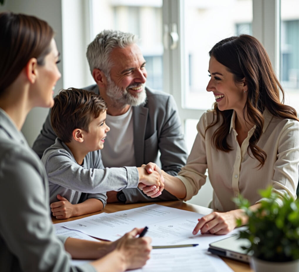 Demonstrating Trust A family signing documents at an office table with an Insurance Agent at Kris Flores Insurance Solutions