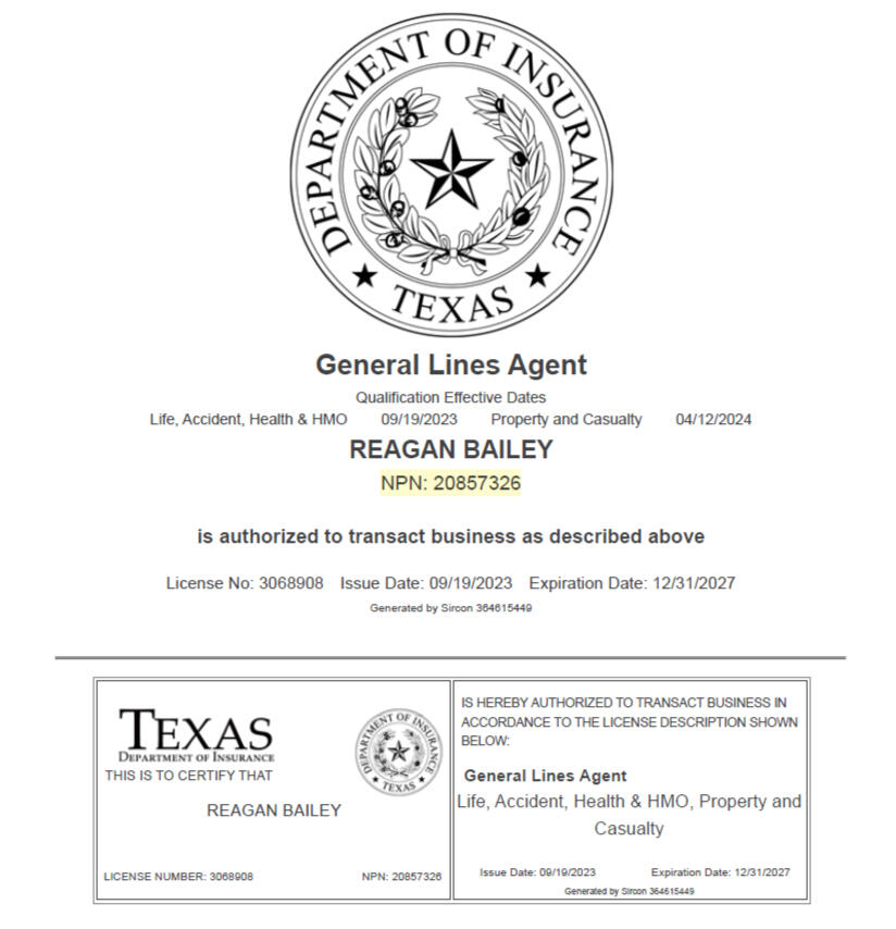 Reagan Bailey Dept of Insurance Department of Texas Insurance certificate for Reagan Bailey as a general Lines Agent