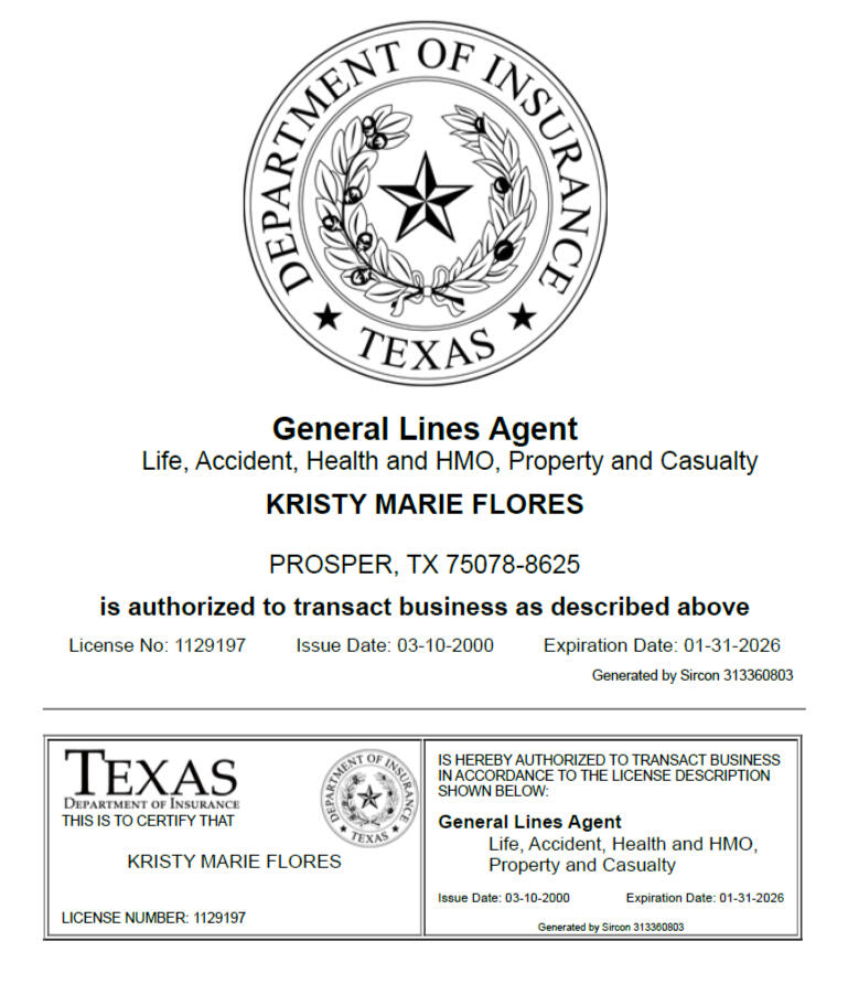 Kris Flores General Lines License for Texas Department of Texas Insurance certificate for Kris Flores as a general Lines Agent for Life, Accident, health & HMO, Property and Casualty